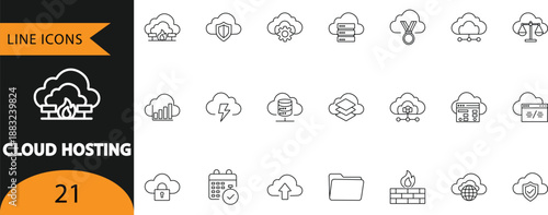  Cloud Hosting Server Computing Network Data Infrastructure Vector Line Icon Set

