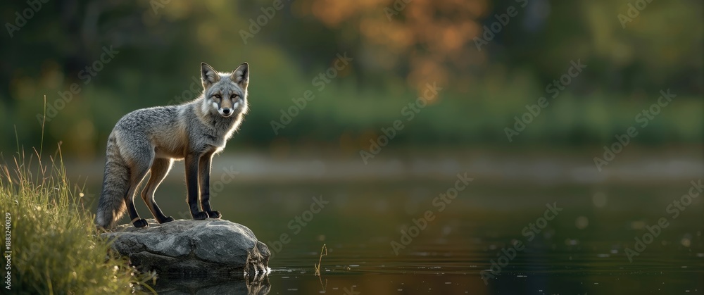 Fototapeta premium Gray fox in formal setting as focal point, standing on a rock at the pond's edge during dawn