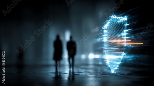 Futuristic digital shield with blurred silhouettes, symbolizing advanced cybersecurity in a high-tech atmosphere. The image conveys digital protection and modern security concepts.