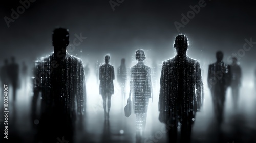 Futuristic digital silhouettes of people in monochrome, symbolizing the intersection of technology and humanity, surrounded by data streams in an abstract, ethereal landscape.