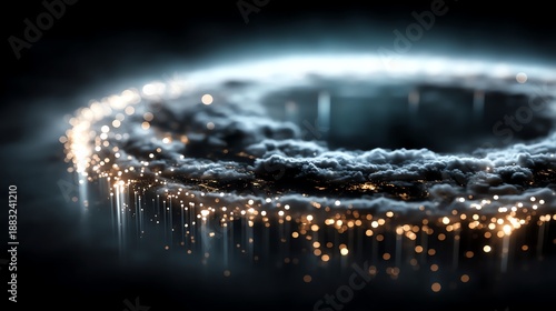 Mystical digital artwork depicting a futuristic, ethereal ring formation with glowing elements and a dark, blurred background, creating an aura of mystery and intrigue.