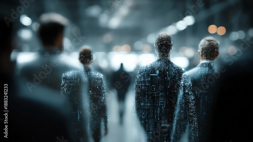 Silhouetted figures in business suits walk through a futuristic, digital landscape, symbolizing the convergence of technology and corporate environments in a modern, virtual world.