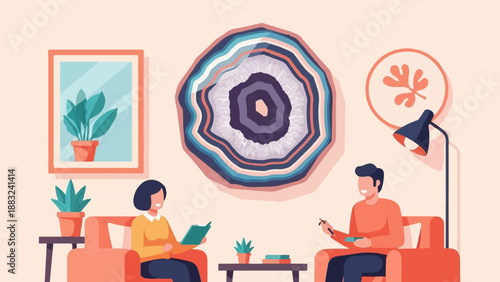 Two people in cozy living room with large geode art and plants