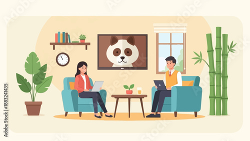 Two people in cozy room, one with laptop, other on couch, watch panda