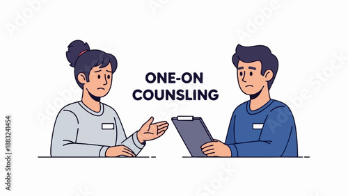 Two people in discussion, one holding a clipboard