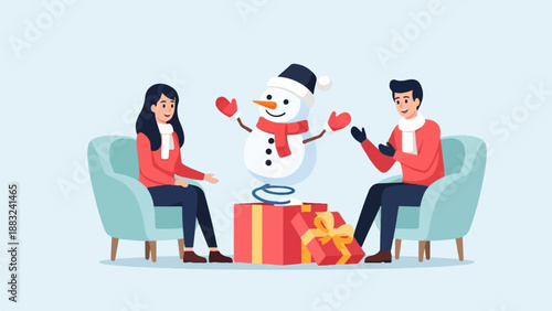 Two people in cozy sweaters watch a cheerful snowman pop out of a gift box