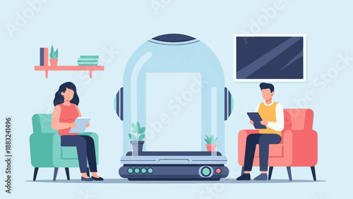 Two people in minimalist room using tablets near futuristic pod