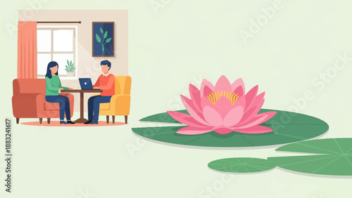Two people indoors on laptops near a pink water lily on a pond