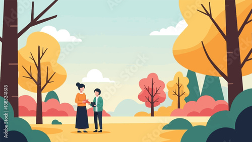 Two people interact in a colorful autumn park with stylized trees and bushes