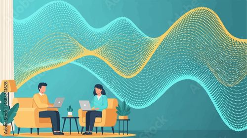 Two people in yellow chairs working on laptops with a wavy dot pattern behind them