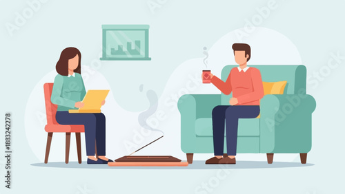 Two people in a room, one on a chair with a laptop, other on sofa with drink