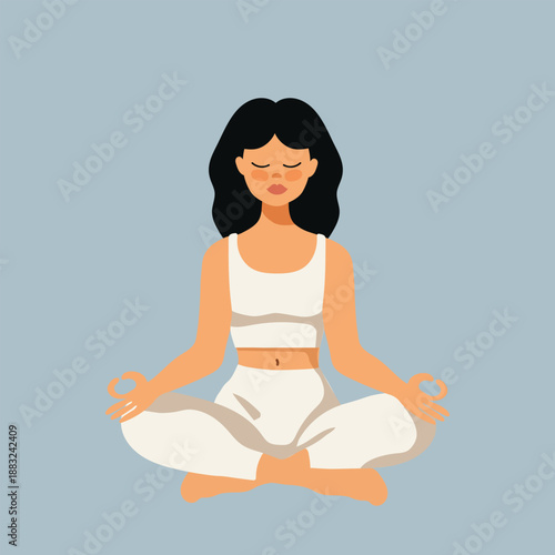 Woman meditating. Flat design isolated vector character. Mental health, stress relief, emotional balance concept.