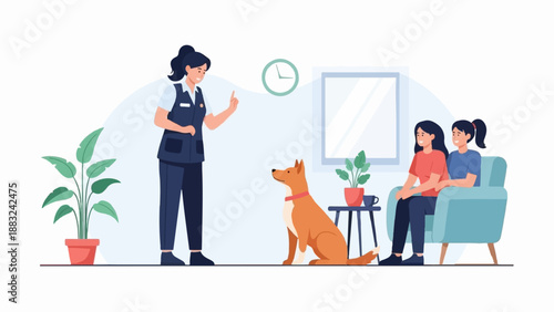 Trainer instructs dog while two women watch from armchair