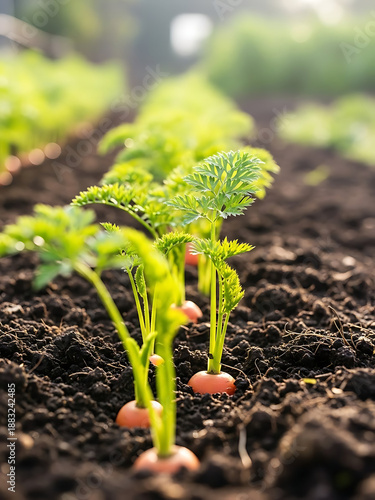Organic Carrots Growing in Rich Soil, Fresh Young Vegetable Crop in Garden, Sustainable Agriculture and Healthy Food Production
