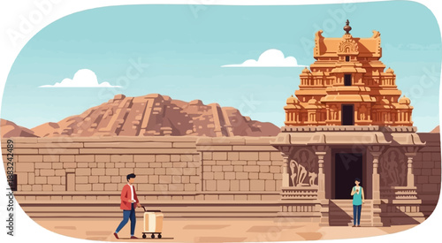 Traveler arrives at ancient temple complex with desert mountains background