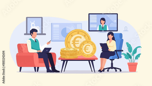 Two people in a virtual meeting with euro coins on a table