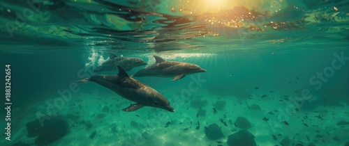 Wild dolphin family in the ocean with emerald water in Florida