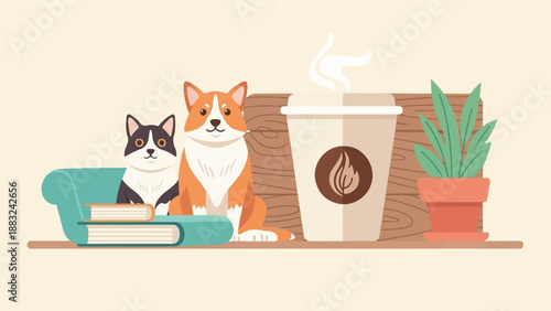 Two dogs and a hot beverage sit on a shelf with a plant and books