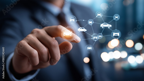 Obraz na płótnie Connected car sharing platform interface online vehicle rental system shared mobility service digital transportation network smart city transport automated booking system wit