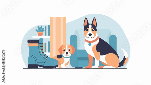 Two dogs and a boot in a room with a chair and shelf