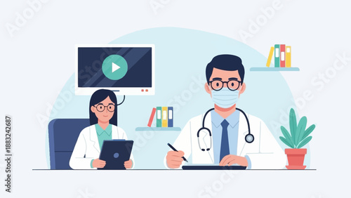 Two doctors, one with a mask, in a medical office setting