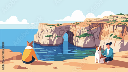Two dogs and a person by the ocean near a cliff arch