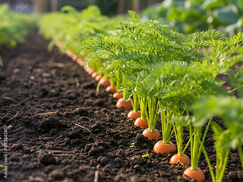Organic Carrots Growing in Rich Soil, Fresh Young Vegetable Crop in Garden, Sustainable Agriculture and Healthy Food Production