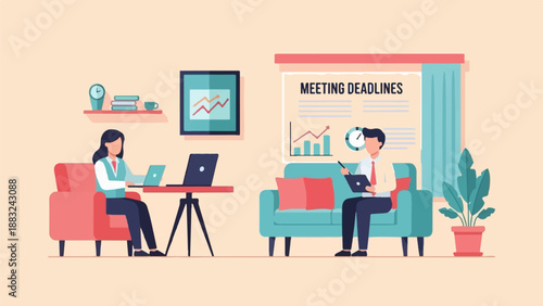 Two people in an office setting discussing business and deadlines