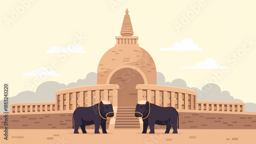 Two dark oxen stand before an ancient stupa structure under a pale sky