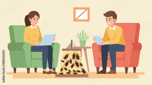 Two people in armchairs ignore a bucket full of cockroaches