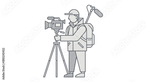 A professional cameraman is filming with a tripod and equipment outdoors.