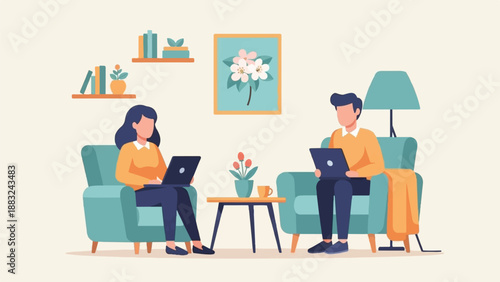 Two people in armchairs, laptops on lap, working from home