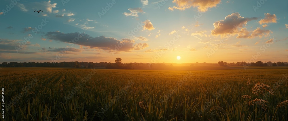 Fototapeta premium Summer landscape featuring Agriculture field at sunset with grass and farm scenery