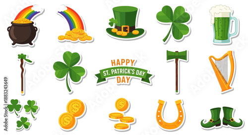 Vibrant collection of St. Patrick's Day vector stickers featuring iconic Irish symbols like shamrocks, leprechaun hats, pots of gold, and festive elements for holiday celebrations and graphic designs