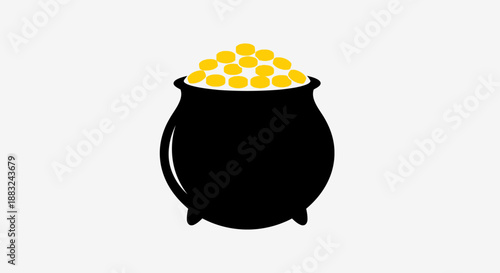 A black pot overflowing with golden coins on a plain white background, symbolizing wealth and treasure