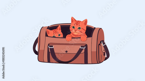 Two cute ginger kittens peek out of a brown pet carrier bag