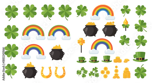 A festive collection of St. Patrick's Day symbols including shamrocks, rainbows, pots of gold, and horseshoes
