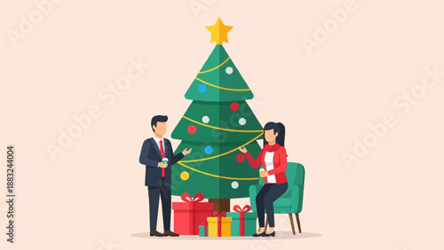 Two people in business attire near a decorated Christmas tree with gifts