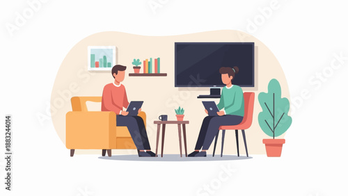 Two people in casual attire work on laptops in a cozy living room