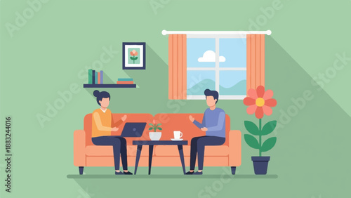 Two people in casual wear interacting in a living room with a laptop, plants, and window