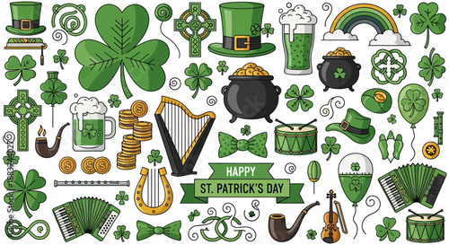 Vibrant collection of outlined vector illustrations celebrating Irish culture and folklore, perfect for festive graphic design projects and holiday themes