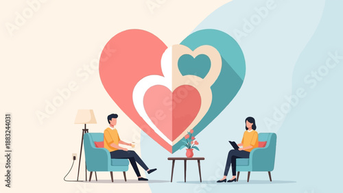 Two people in chairs, a heart-shaped background, and a lamp