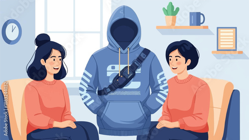 Two people in casual attire sitting and a hoodie with a bag