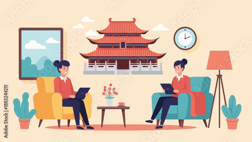 Two people in comfortable chairs using laptops with a traditional building in background