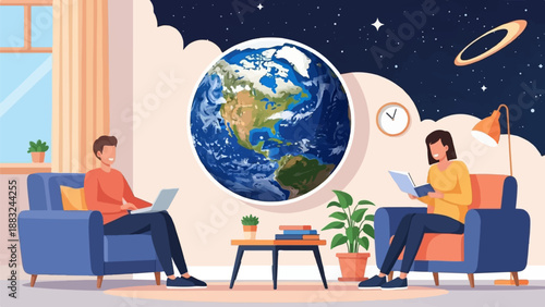 Two people in cozy armchairs, one on laptop, one reading, Earth in sky
