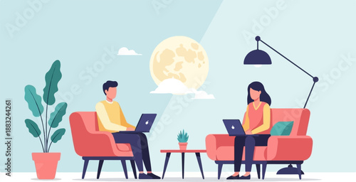 Two people in comfy chairs work on laptops under a large moon