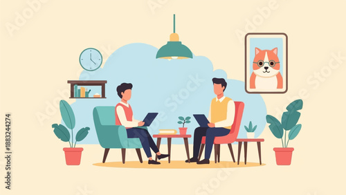 Two people in cozy armchairs discuss work on laptops with plants and art