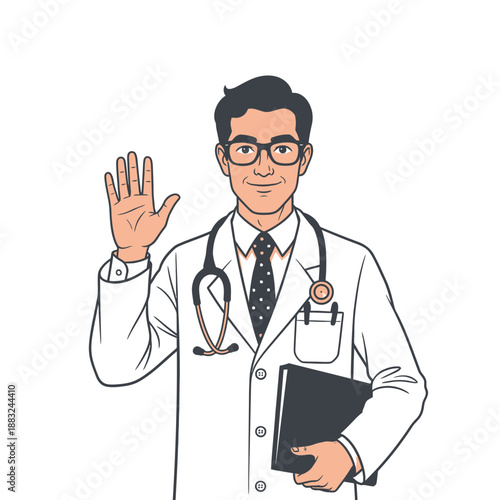 A professional doctor in a white coat waving and holding a file.