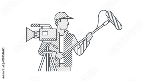A sketch of a person holding a camera and a microphone for filming.