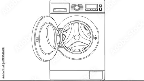 Front-loading washing machine vector, open door with visible drum and control panel, black and white technical illustration